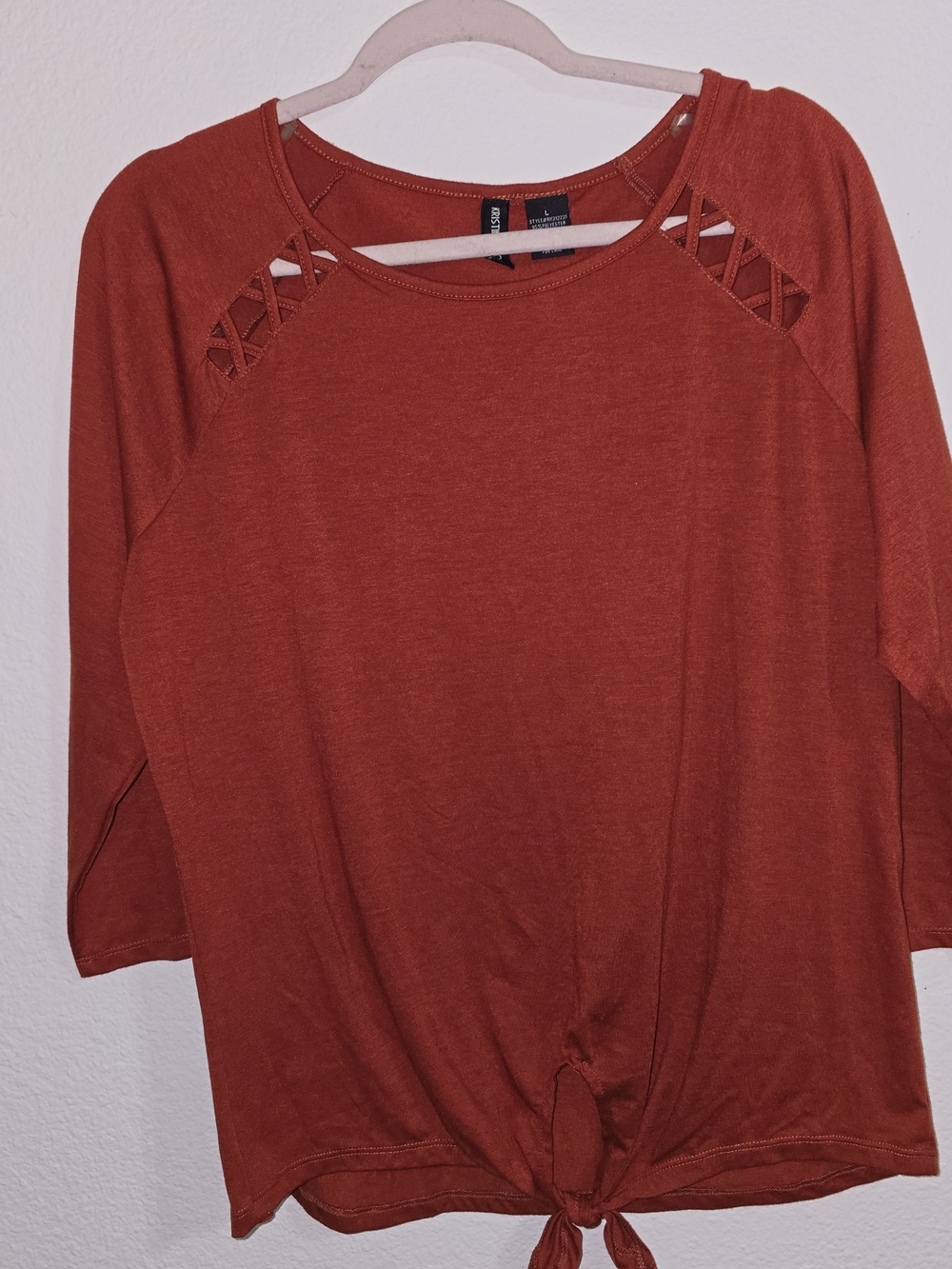Women's Rust Tie-Front Pullover with Cutout Shoulder Detail